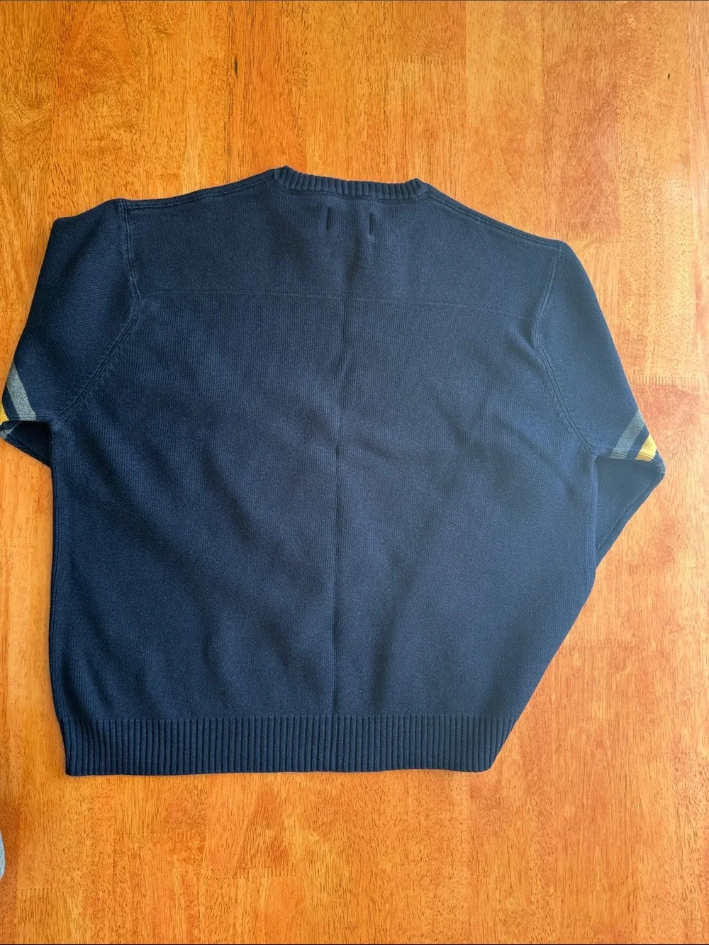 American Eagle Men's XXL Navy Blue Crewneck Sweater with Contrast Sleeve Stripes